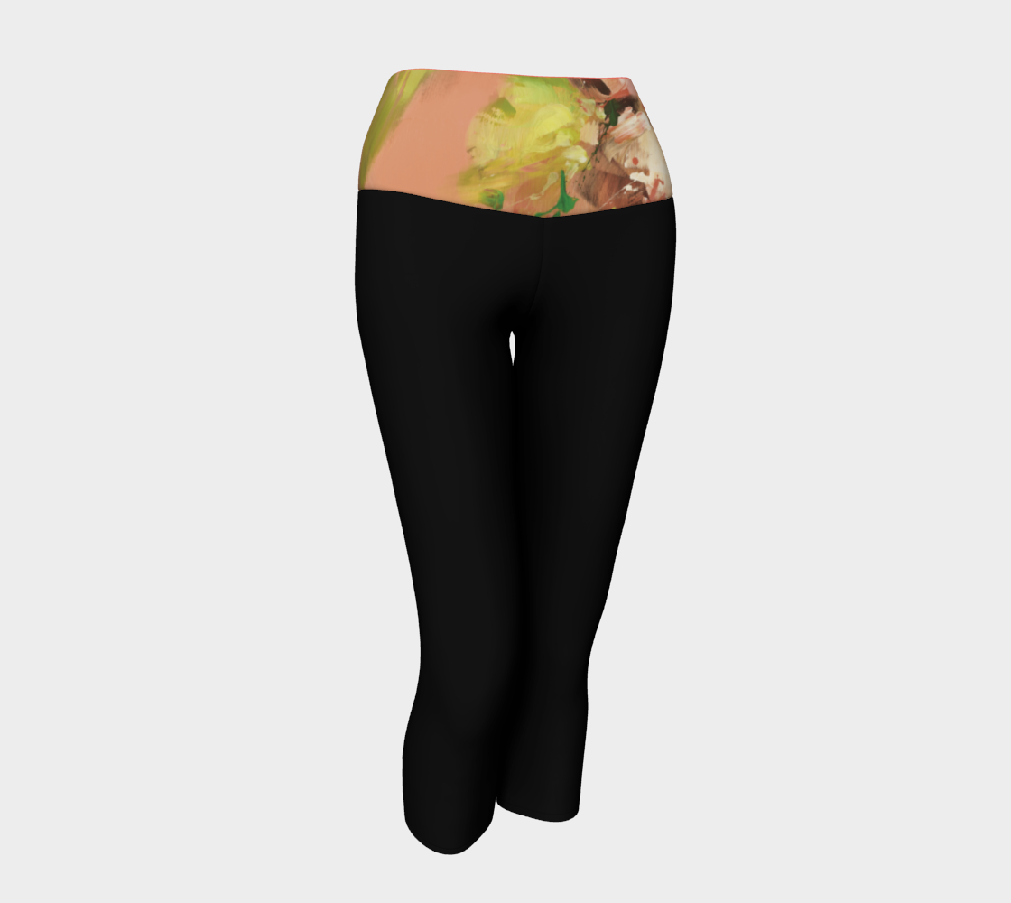 Pantacourt Yoga, Fleurs roses, noir.