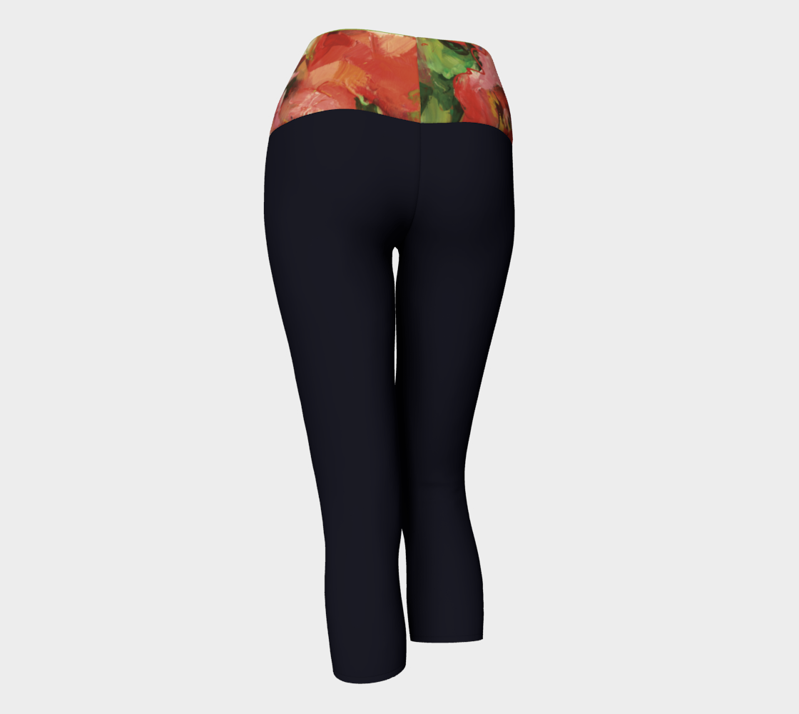 Pantacourt Yoga #14, Fleurs rouges, bleu marine.