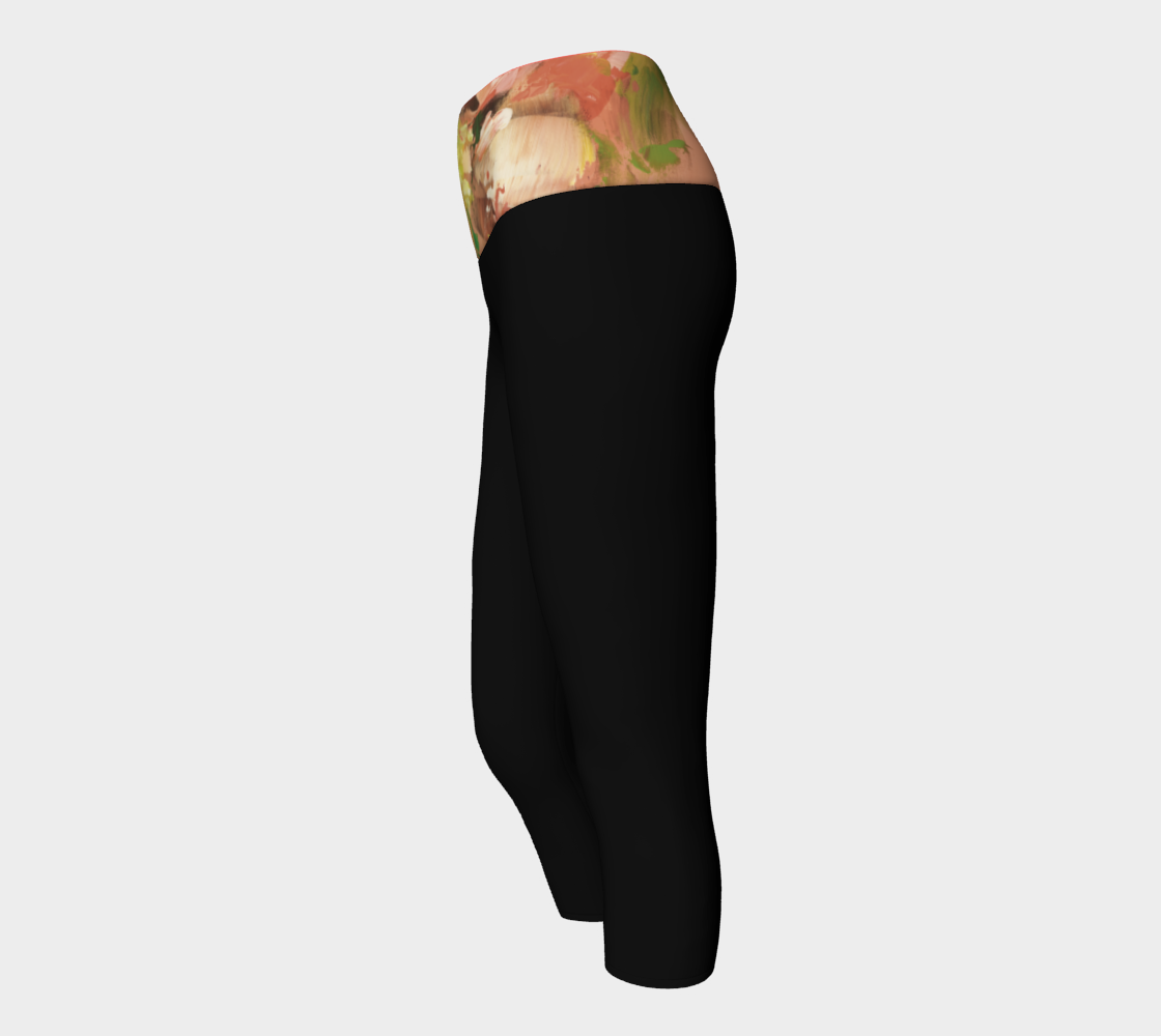Pantacourt Yoga, Fleurs roses, noir.