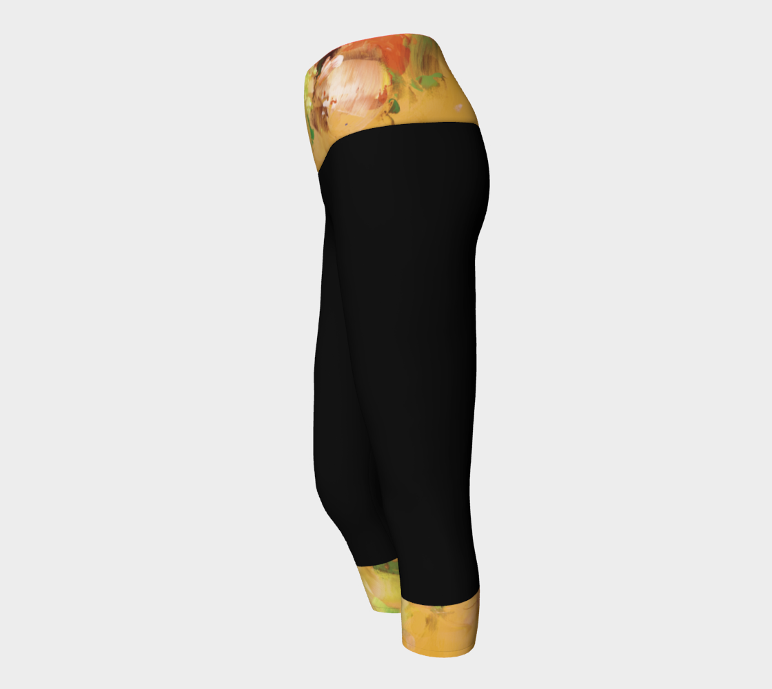 Pantacourt Yoga, Fleurs jaunes, noir.