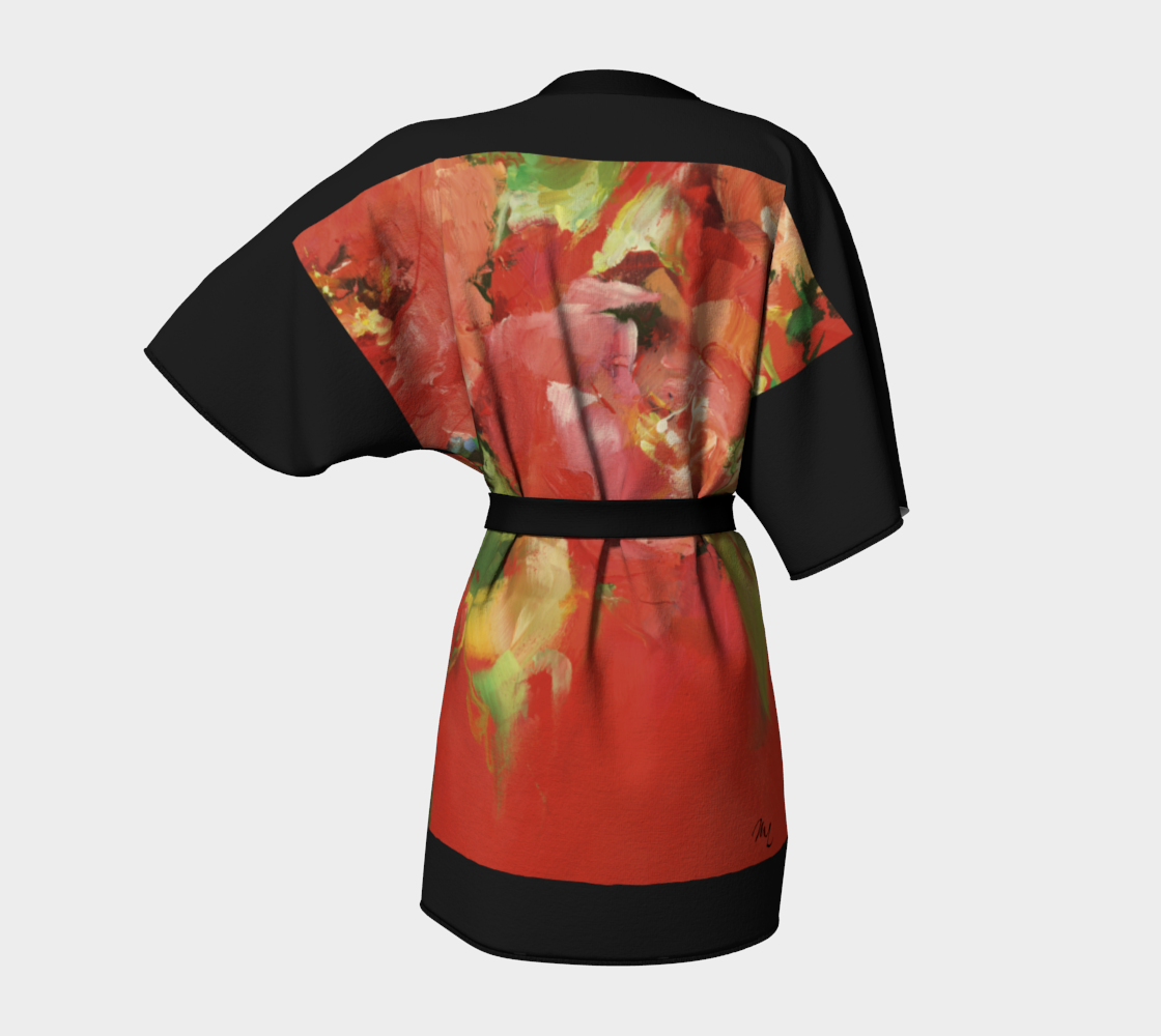 Kimono peignoir, fleurs rouges 4