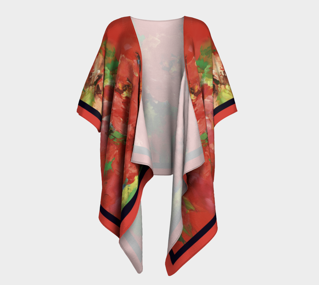 Kimono drapé, Fleurs rouges, contour rouge
